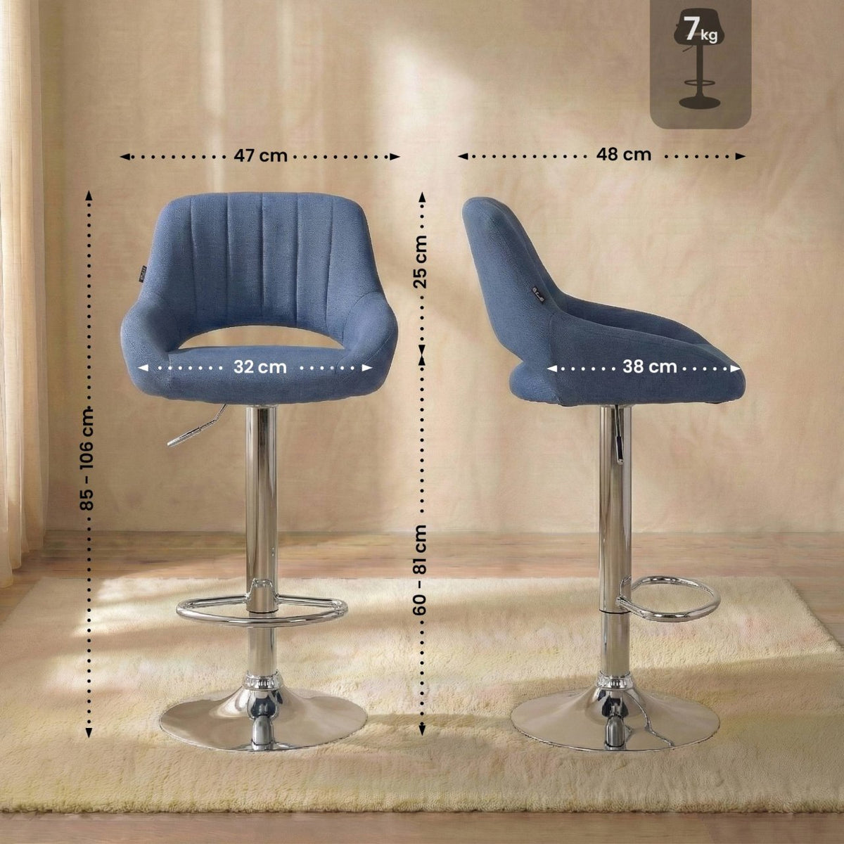 Barkruk Milet stof blauw,chroom blau