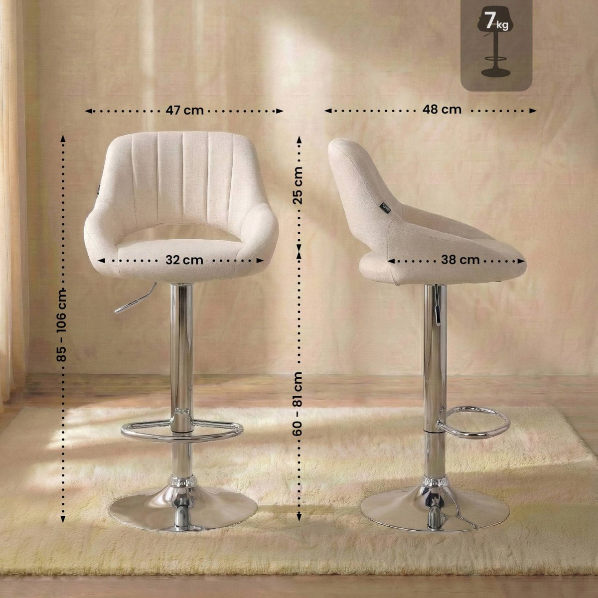 Set van 2 barkrukken Milet stof creme,Metaal in chroomoptiek creme