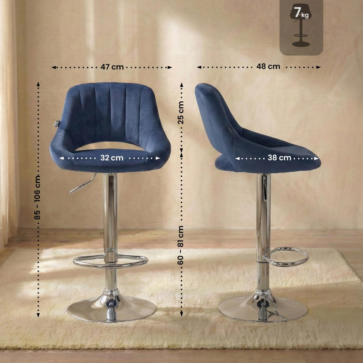 Barkruk Milet Fluweel blauw,chroom blau