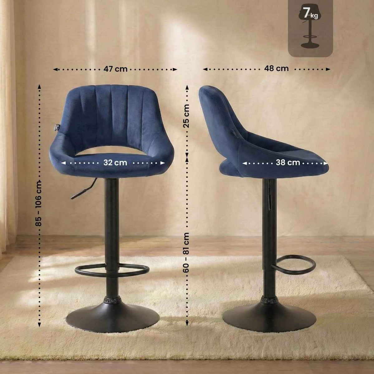 Barkruk Milet Fluweel blauw,zwart blau