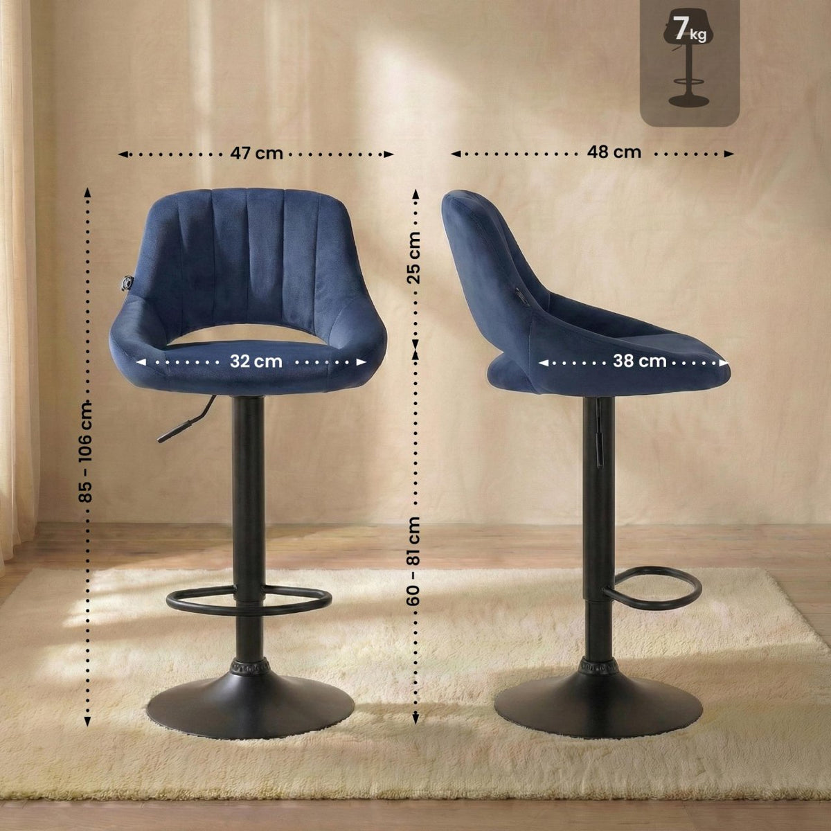 Set van 2 Barkrukken Milet Fluweel blauw,Metaal mat zwart blau