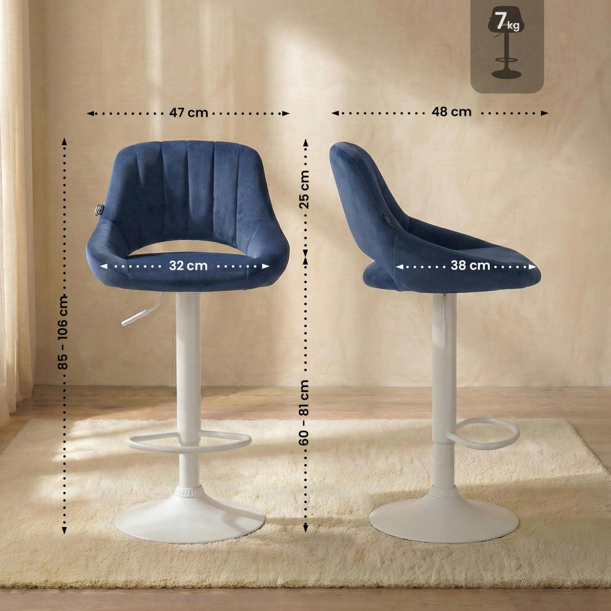 Barkruk Milet Fluweel blauw,wit blau