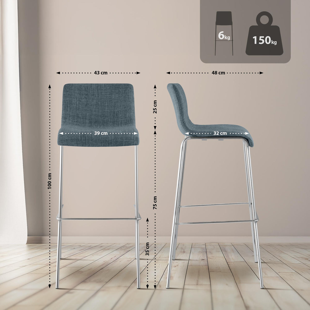 Set van 2 barkrukken Hover Stof blauw,chroom blau