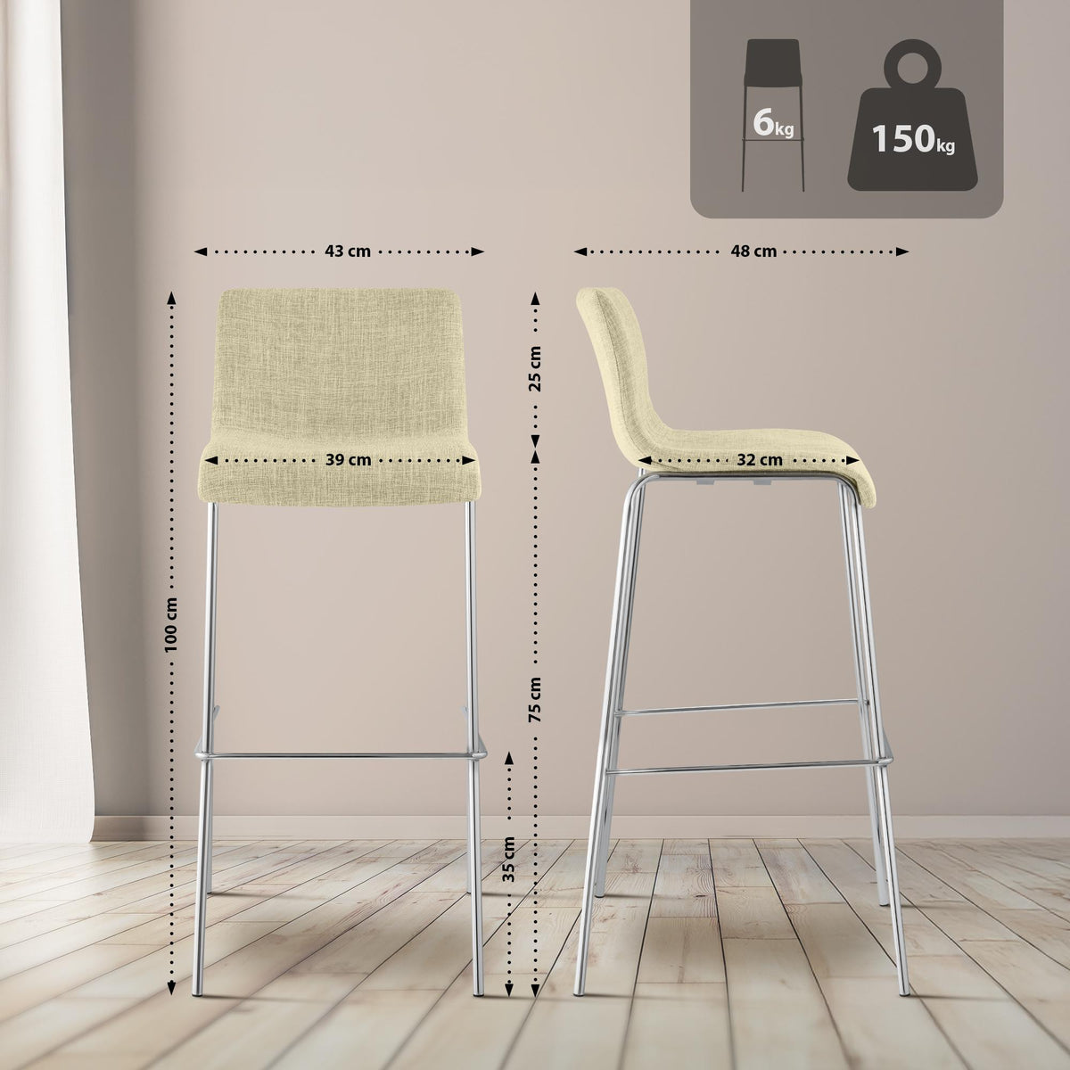 Set van 2 barkrukken Hover Stof creme,chroom creme