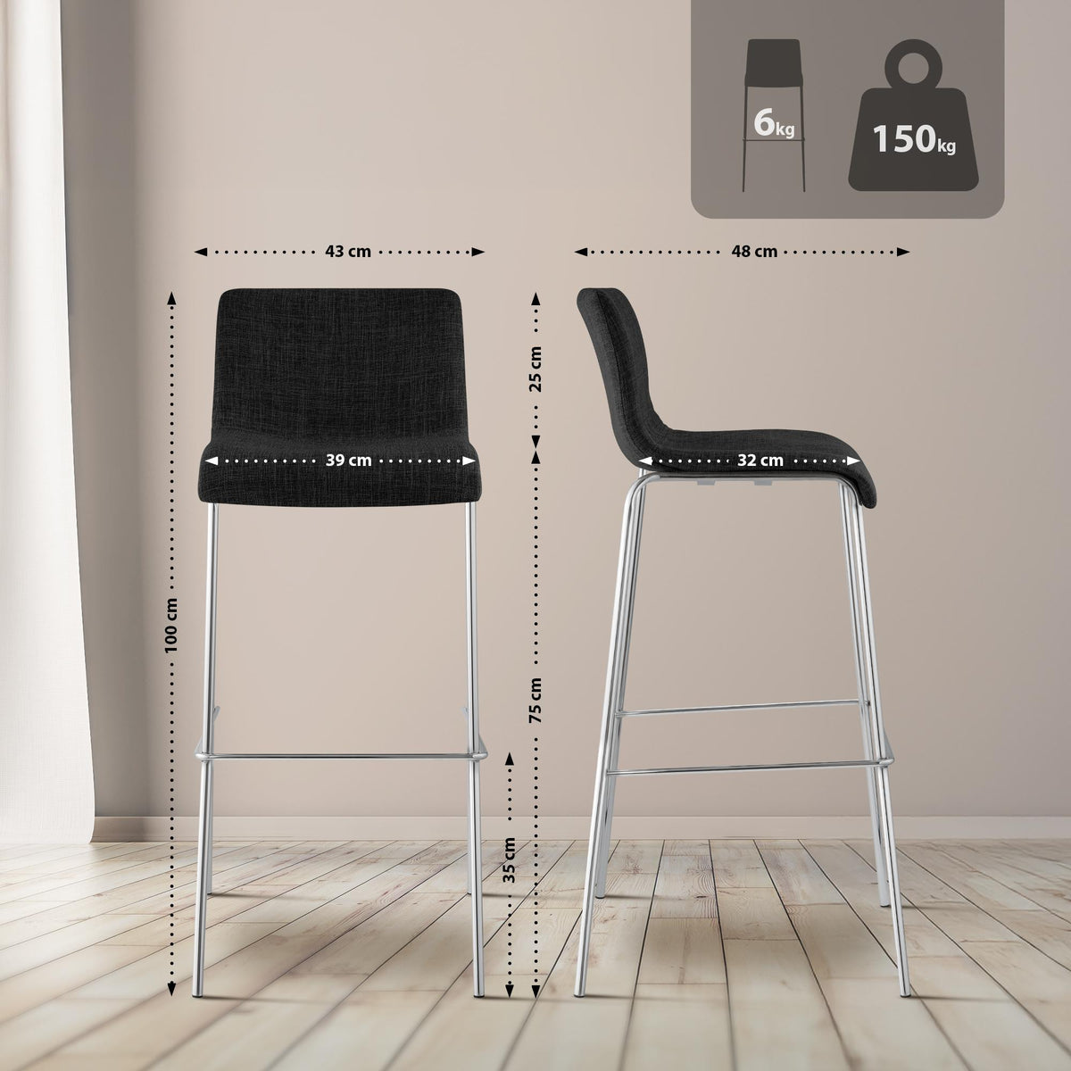 Set van 2 barkrukken Hover Stof donkergrijs,chroom dunkelgrau