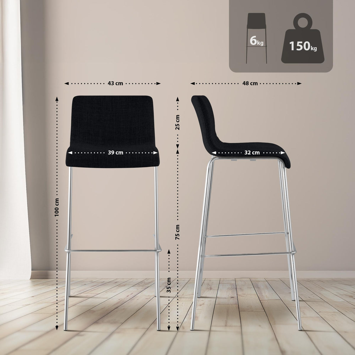 Set van 2 barkrukken Hover Stof zwart,chroom schwarz