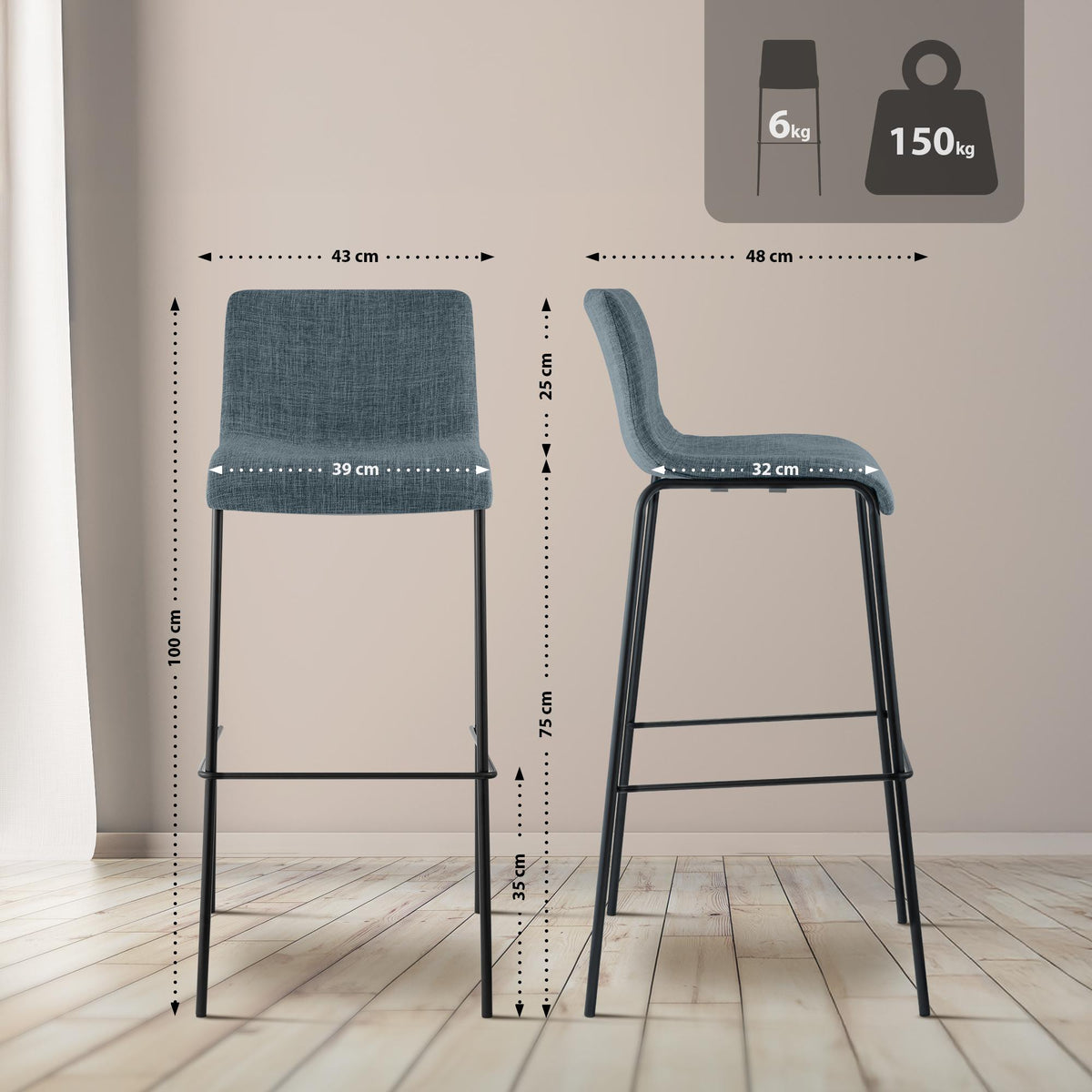 Set van 2 barkrukken Hover Stof blauw,zwart blau