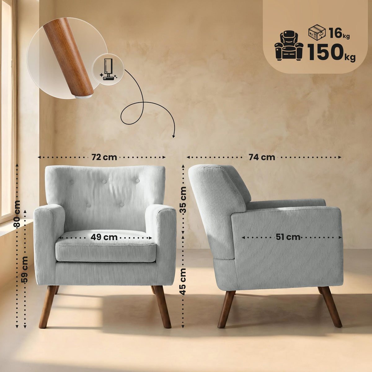 Fauteuil Kioni corduroy grijs grau