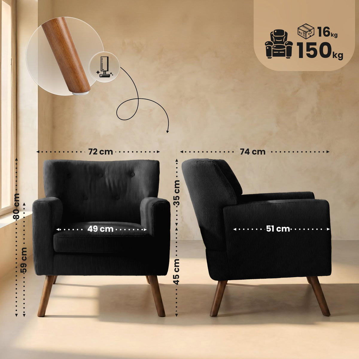 Fauteuil Kioni corduroy zwart schwarz