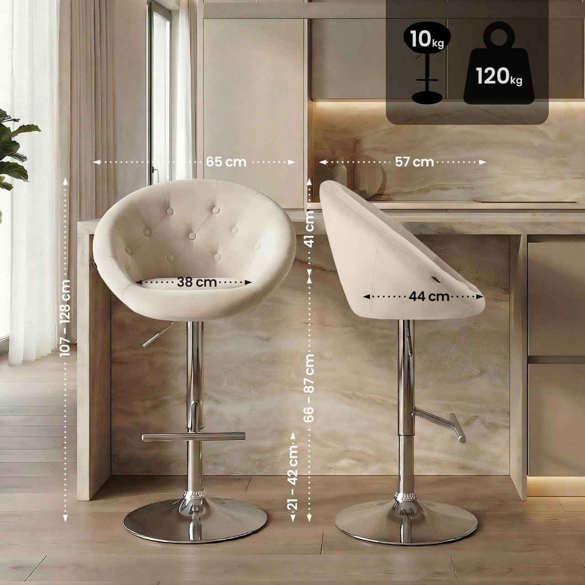 Barkruk London fluweel creme,chroom creme