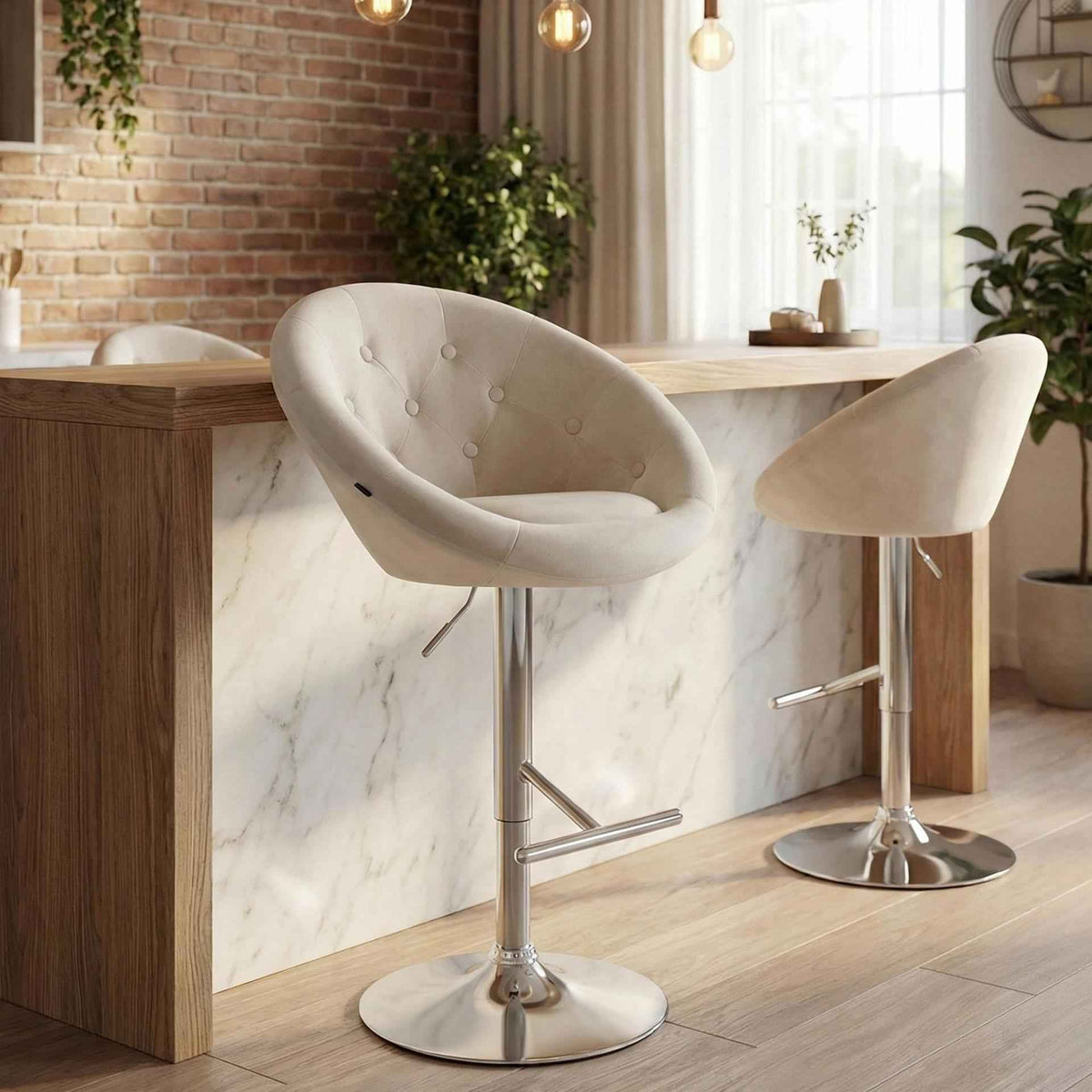Barkruk London fluweel creme,chroom creme