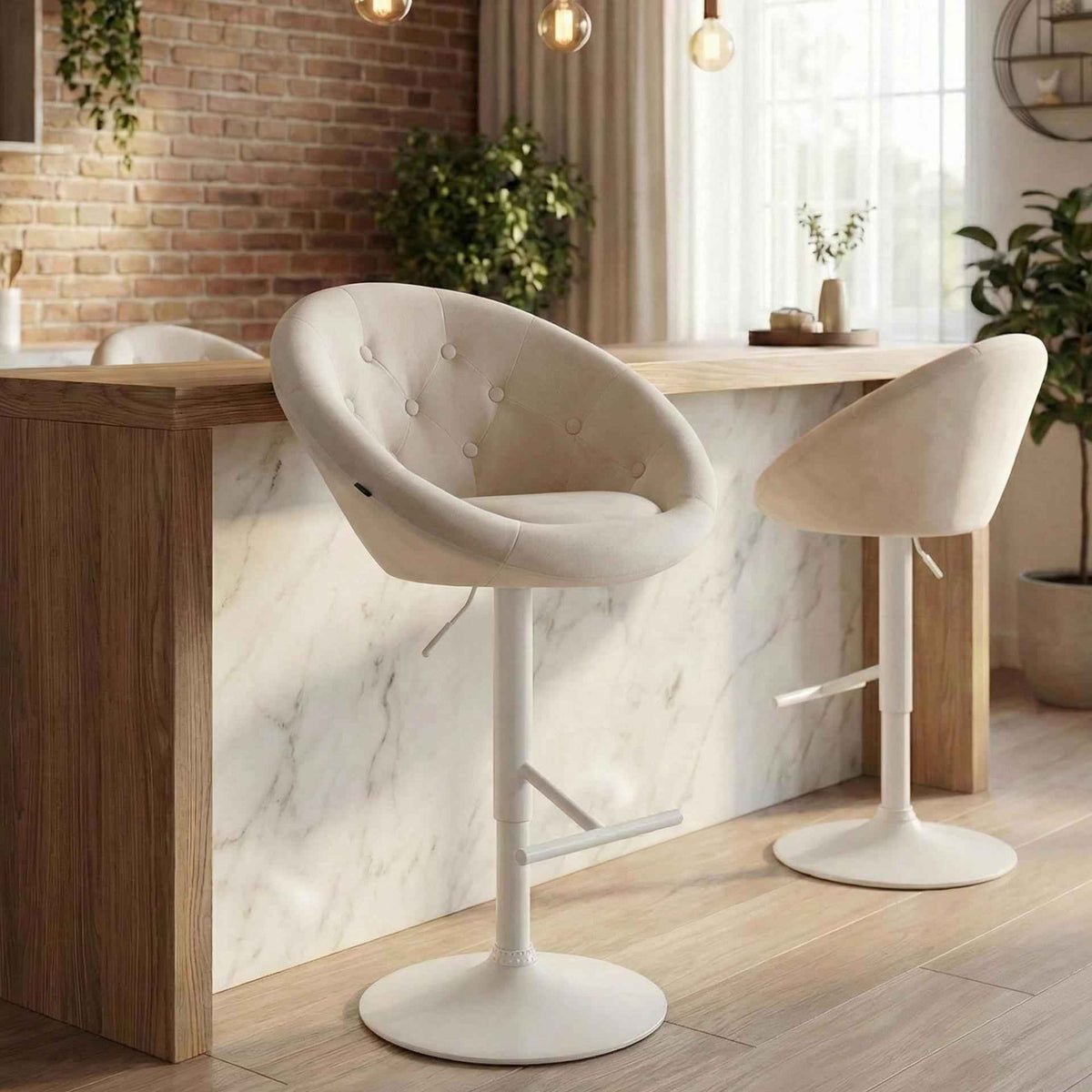 Barkruk London fluweel creme,wit creme
