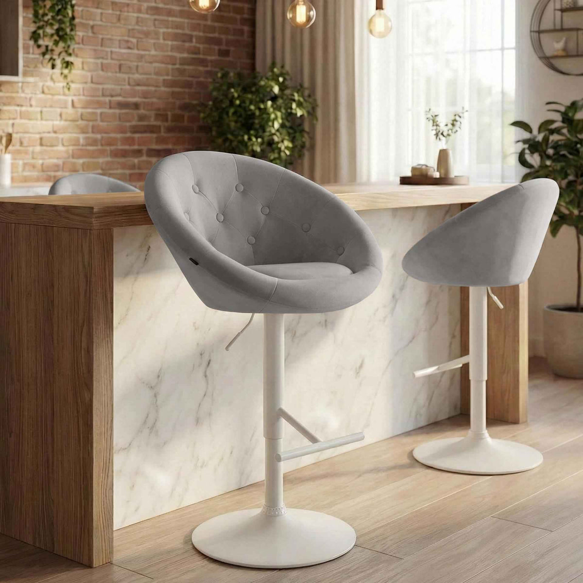 Barkruk London fluweel grijs,wit grau