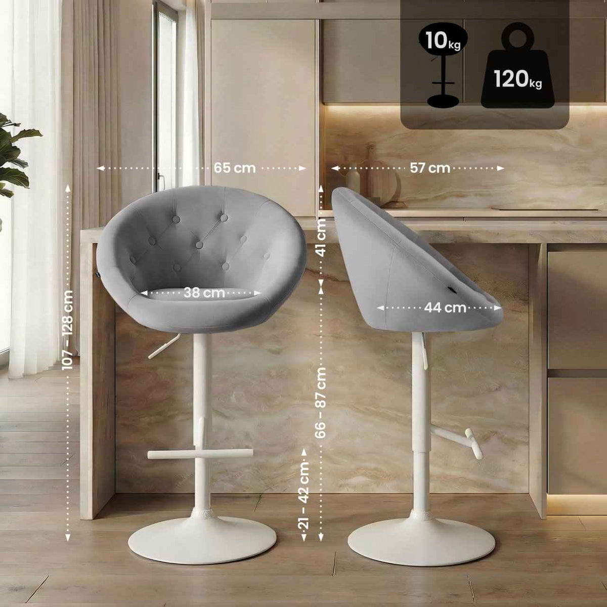 Barkruk London fluweel grijs,wit grau