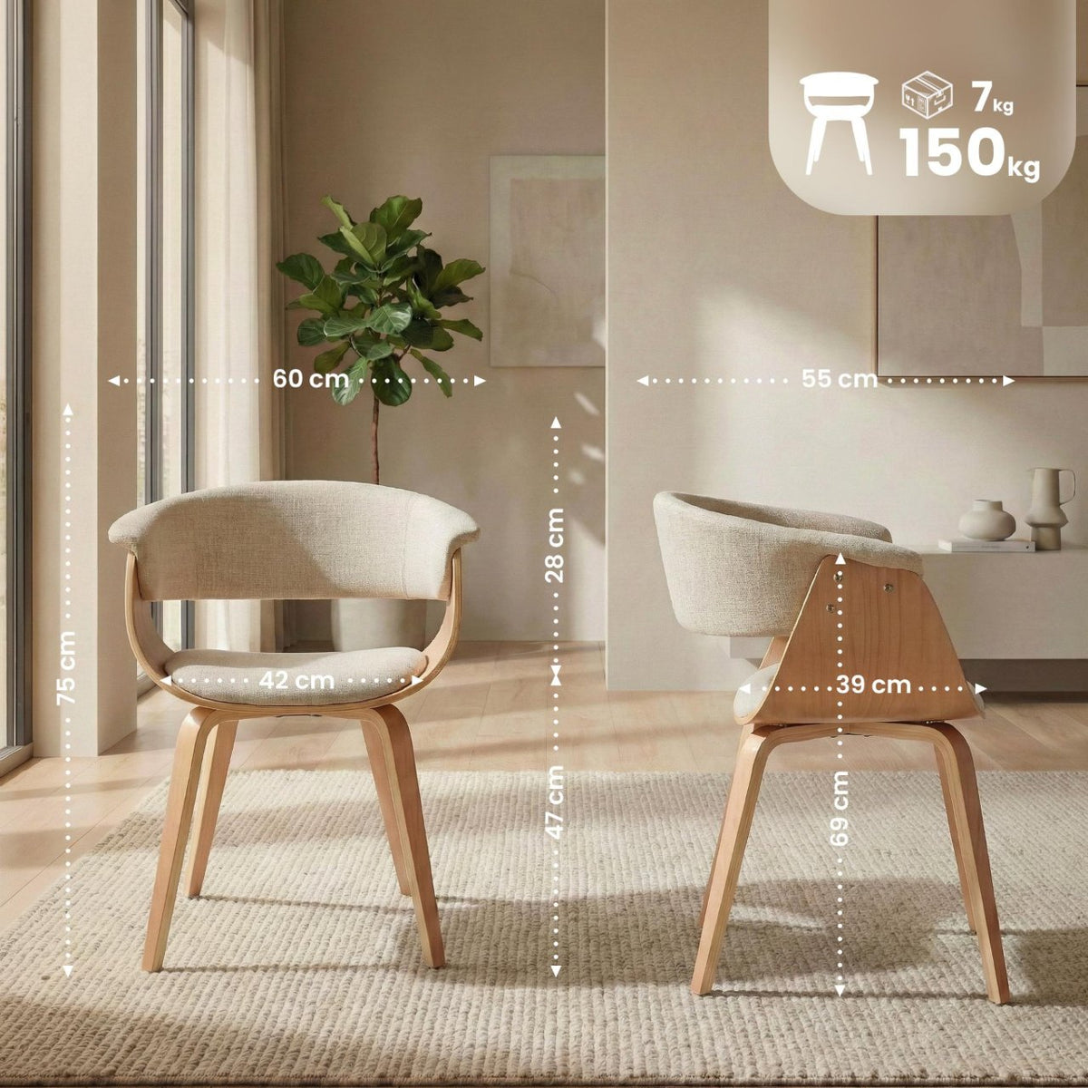 Set van 2 Eetkamerstoelen Bruce stof natura/creme natura/creme