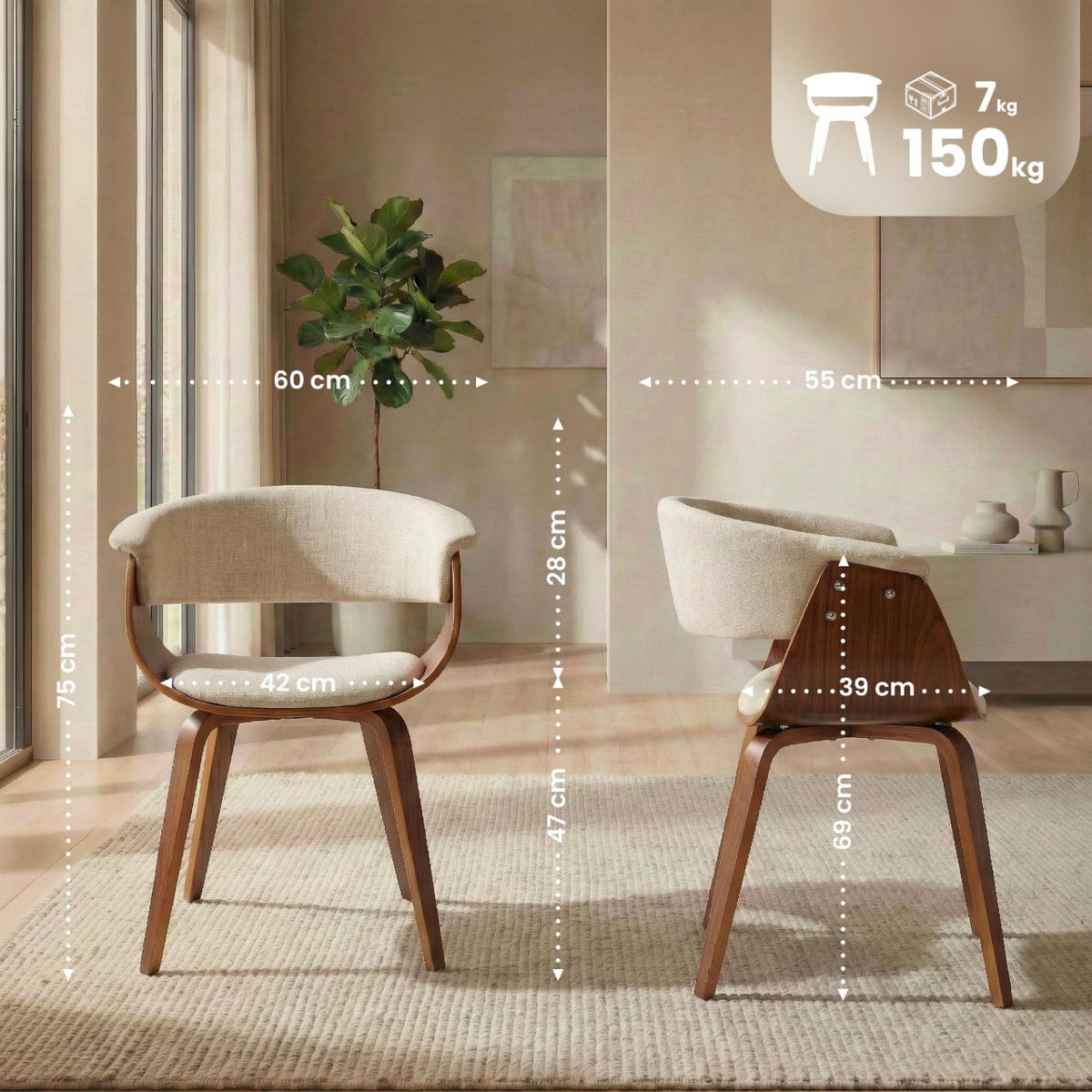 Set van 2 Eetkamerstoelen Bruce stof walnoot/creme walnuss/creme