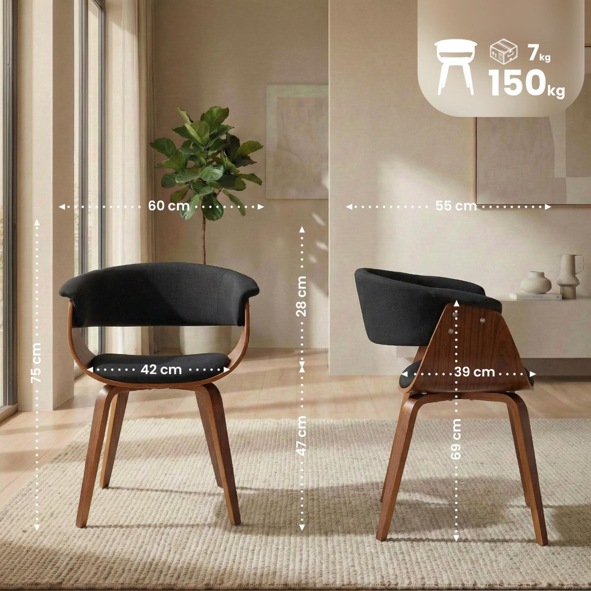 Set van 2 Eetkamerstoelen Bruce stof walnoot/zwart walnuss/schwarz