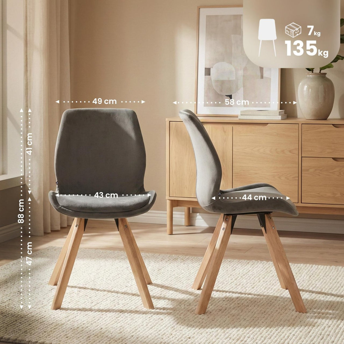 Set van 2 Eetkamerstoelen Luna grijs,Fluweel grau