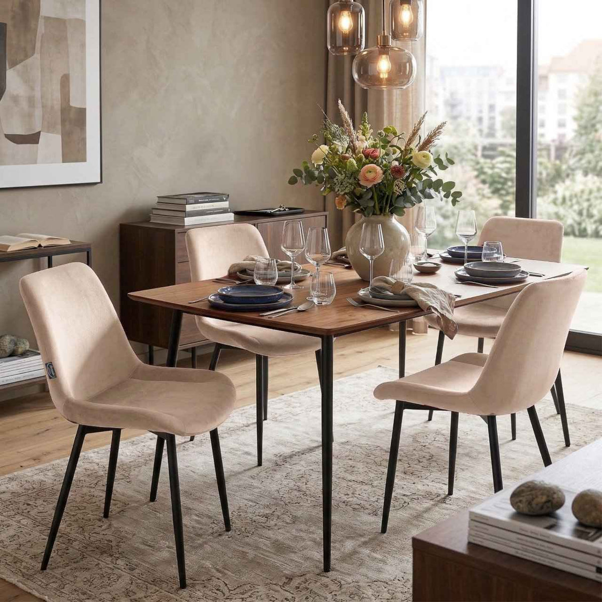 Victoria Eetkamerstoelen Fluweel - Set van 4 creme creme