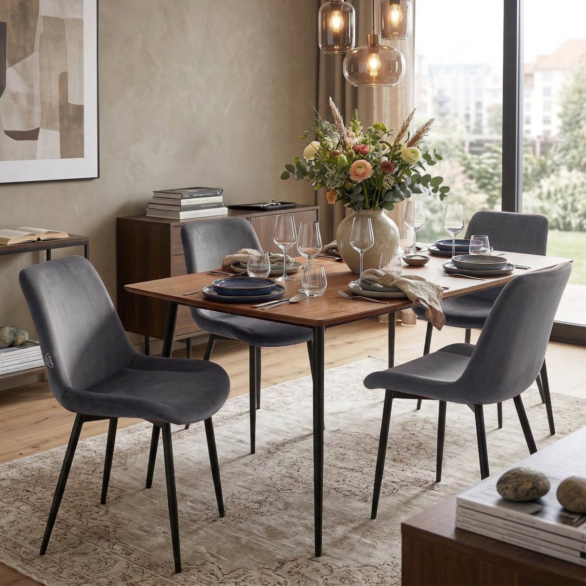 Victoria Eetkamerstoelen Fluweel - Set van 4 grijs grau