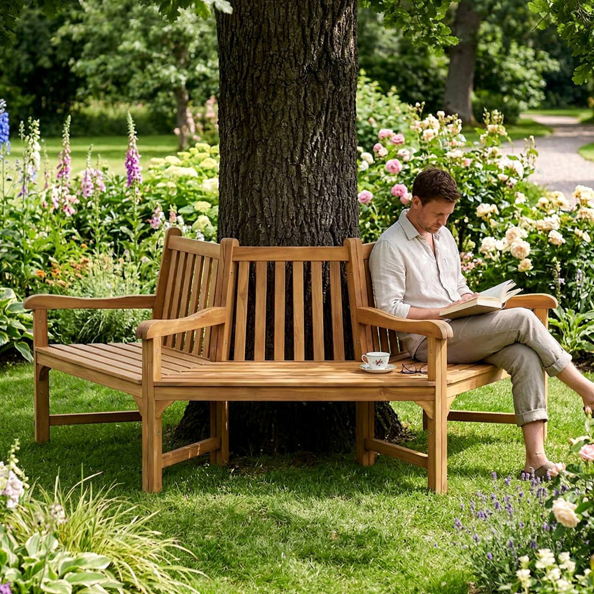 Baumbank Kenna mit Armlehne halbrund 200 cm teak
