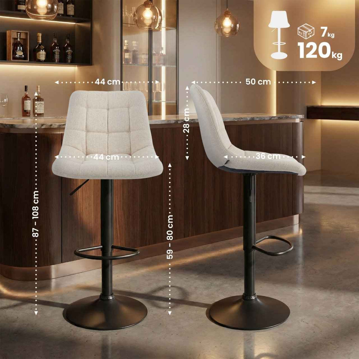 2er Set Barhocker Mapun Stoff creme