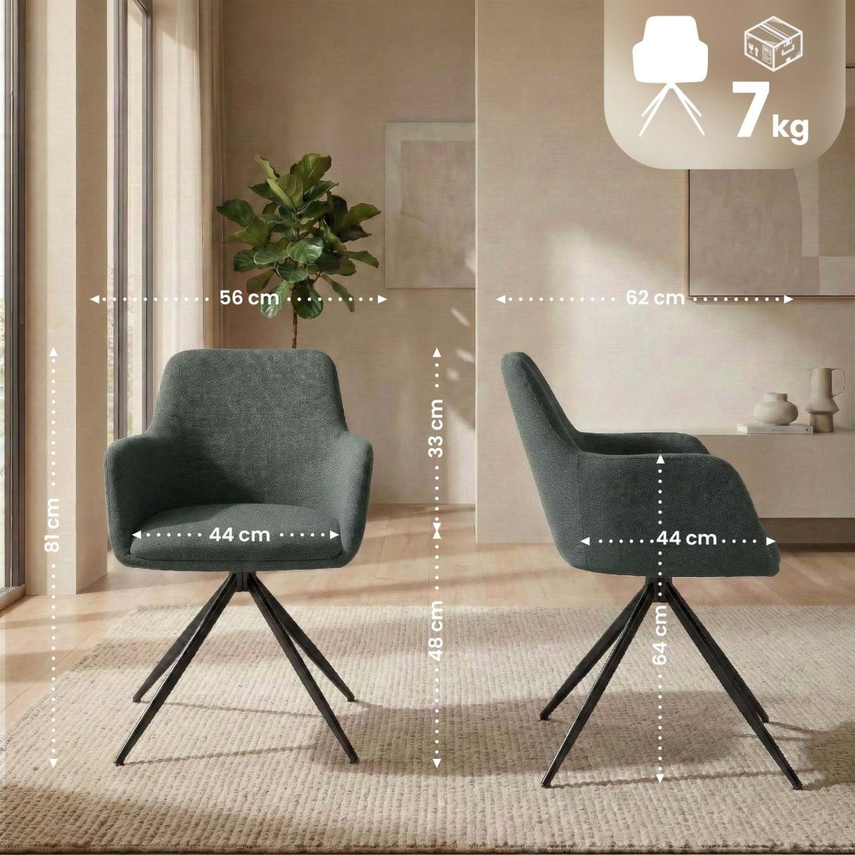2er Set Esszimmerstuhl Olema Stoff grün