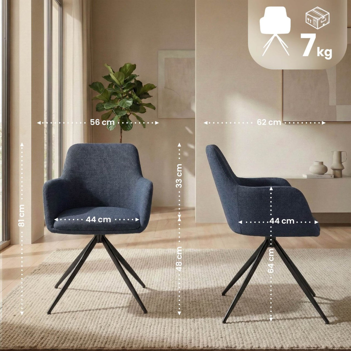2er Set Esszimmerstuhl Olema Stoff blau