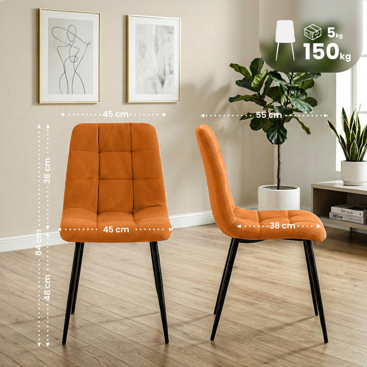 Set van 2 eetkamerstoelen Antibes ribstof oranje orange