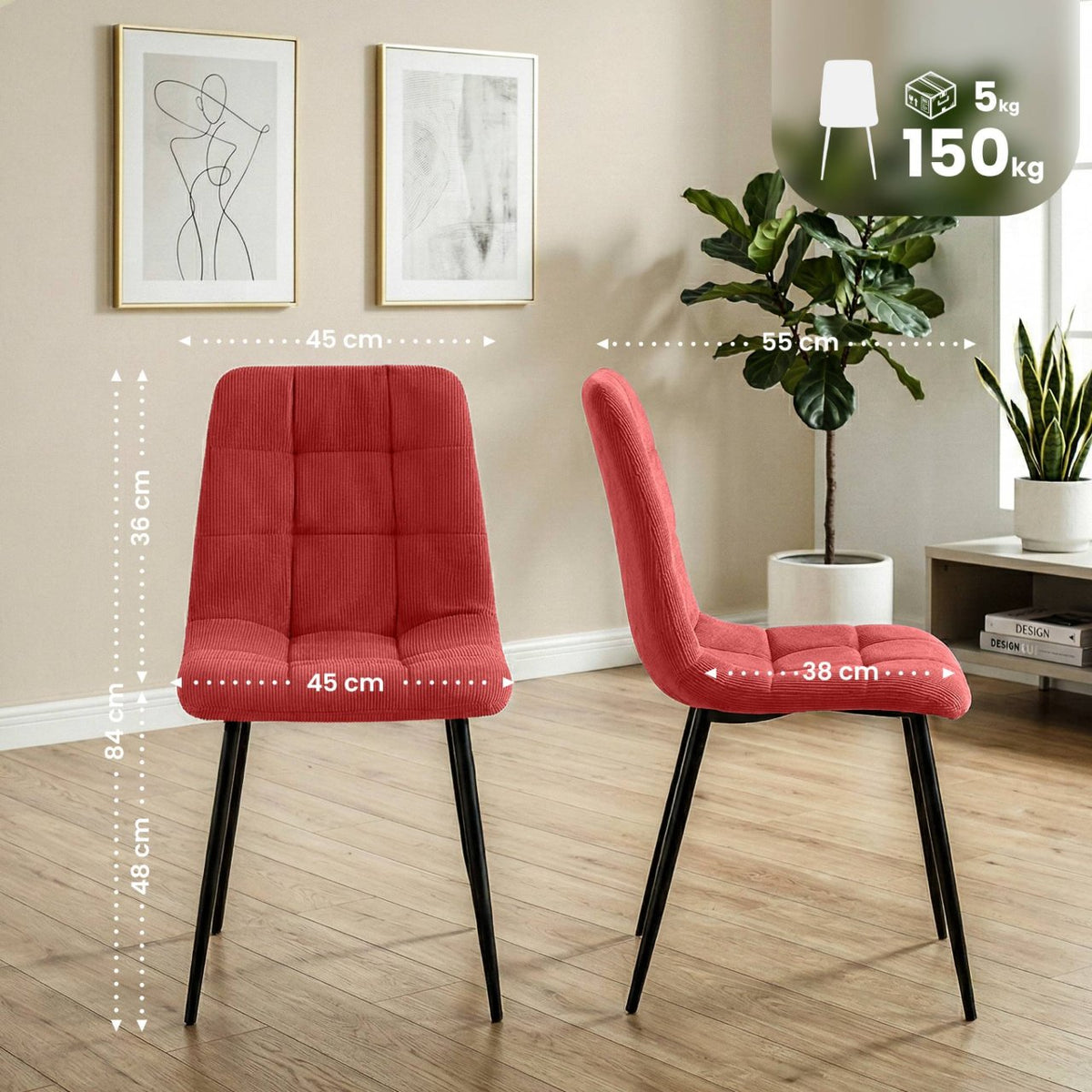 Set van 2 eetkamerstoelen Antibes ribstof bordeauxrood bordeauxrot