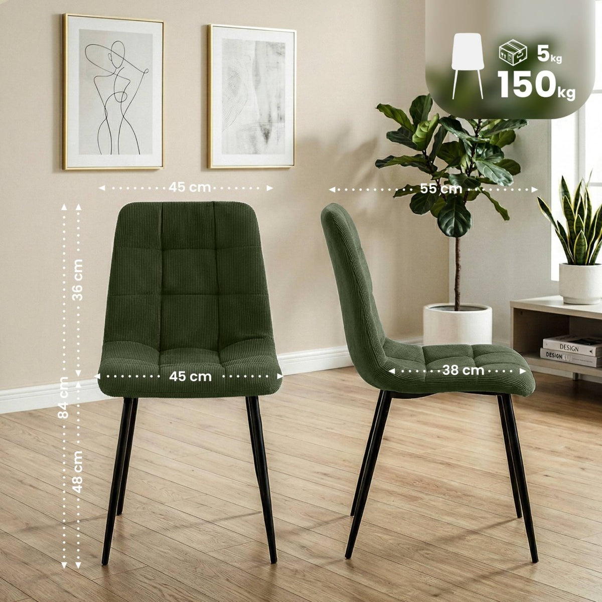 Set van 2 eetkamerstoelen Antibes ribstof groen grün