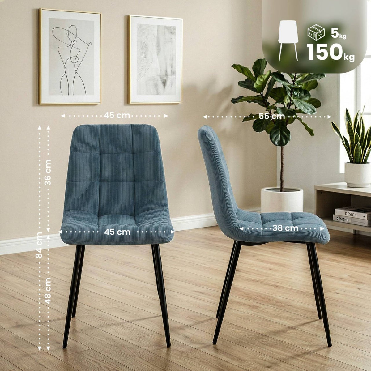 Set van 2 eetkamerstoelen Antibes ribstof blauw blau