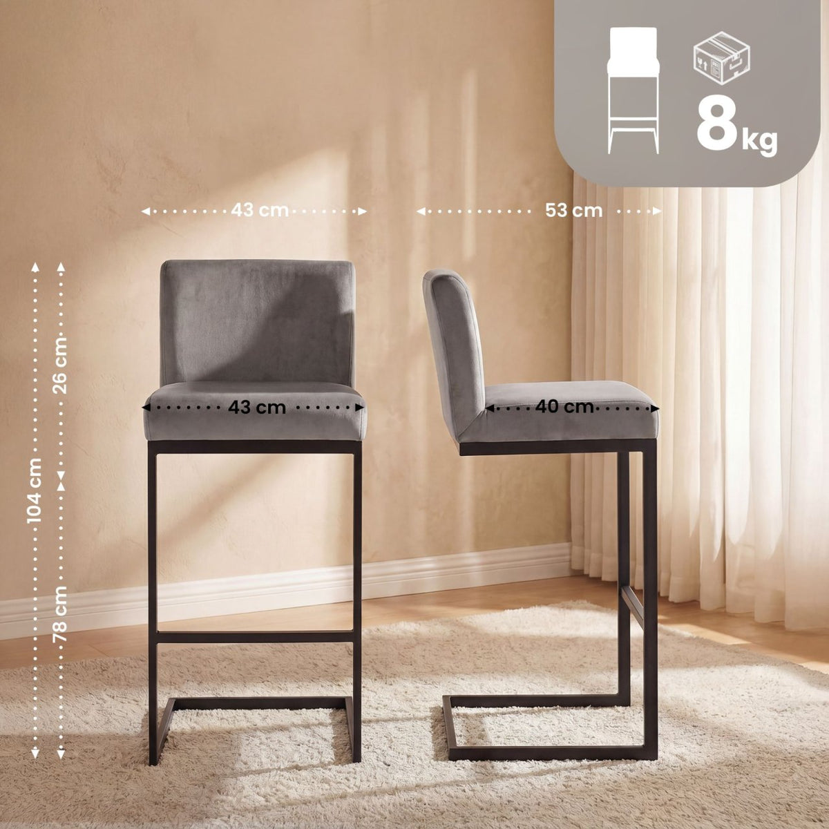 2er Set Barhocker Hopewell Samt B grau