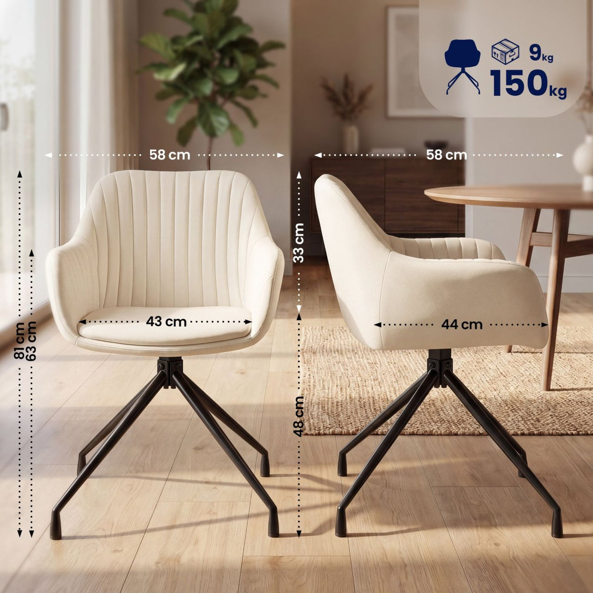 Set van 2 eetkamerstoelen Welby creme,Fluweel creme