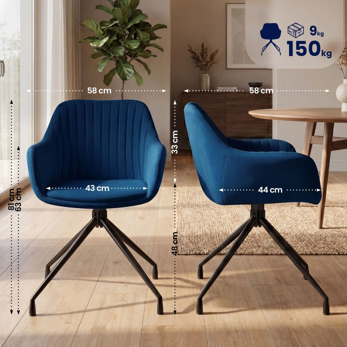 Set van 2 eetkamerstoelen Welby donkerblauw,Fluweel dunkelblau