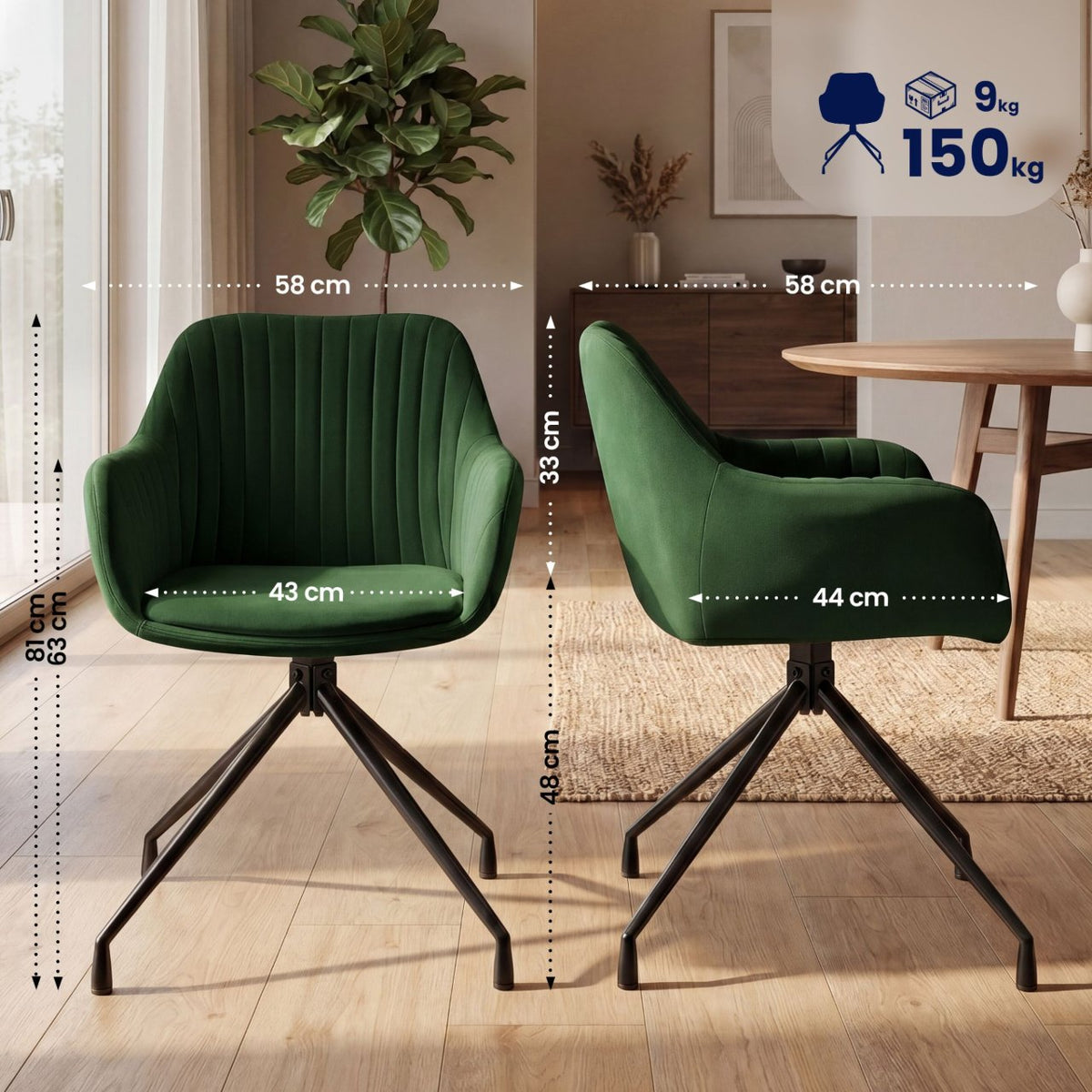 Set van 2 eetkamerstoelen Welby groen,Fluweel grün