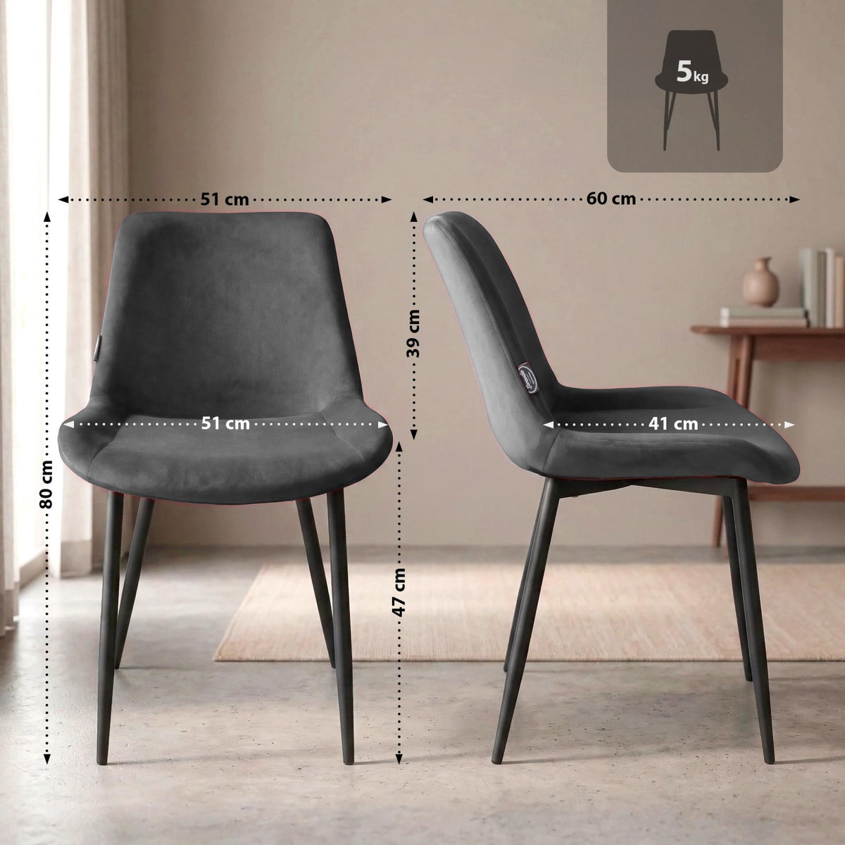 Set van 2 eetkamerstoelen Victoria fluweel grijs grau