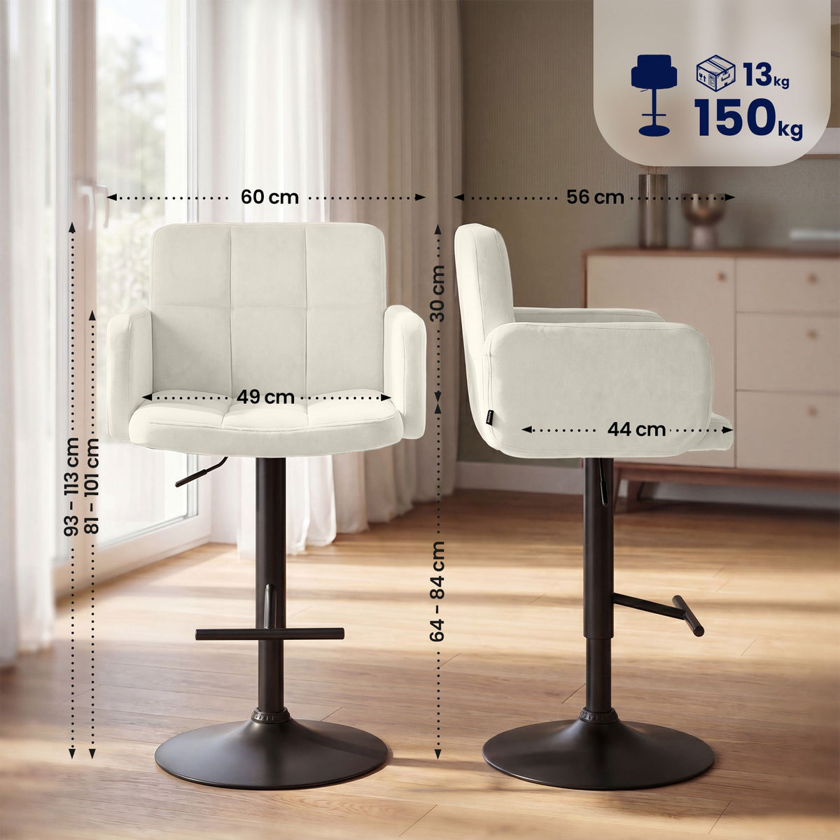 Barhocker Los Angeles Samt schwarz creme