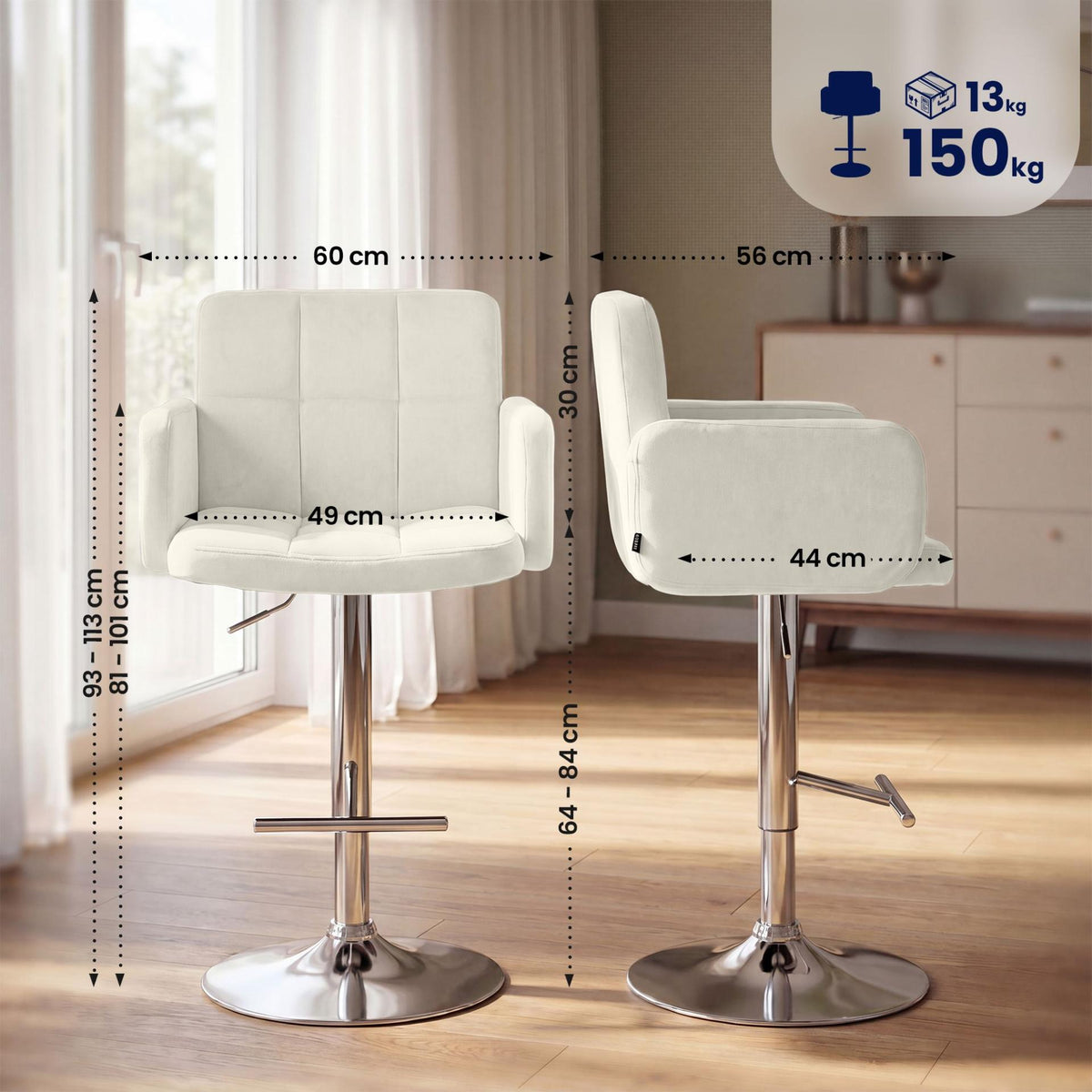 Barhocker Los Angeles Samt chrom creme