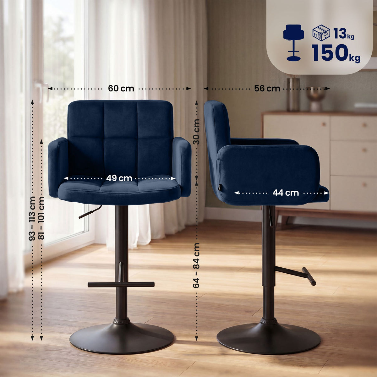 Barhocker Los Angeles Samt schwarz blau