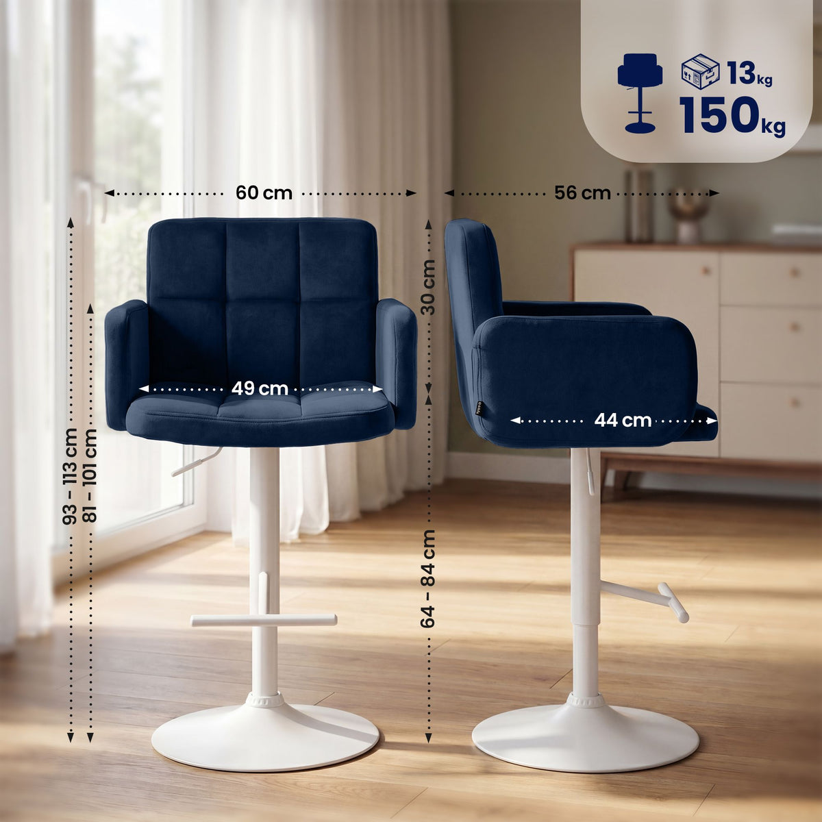 Barhocker Los Angeles Samt weiß blau