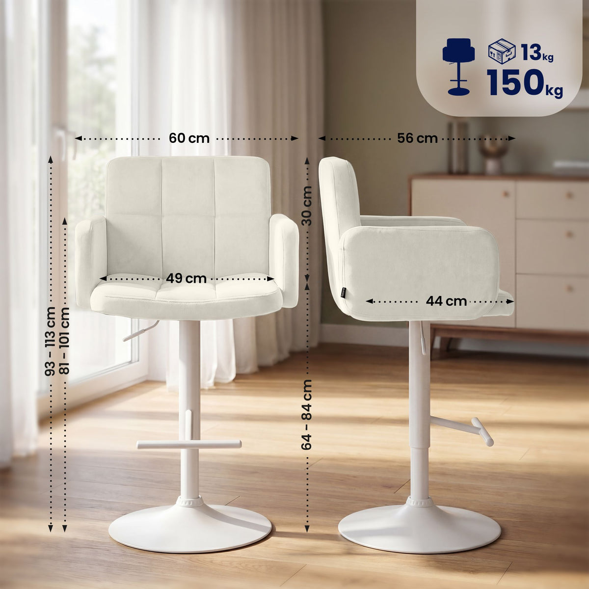 Barhocker Los Angeles Samt weiß creme