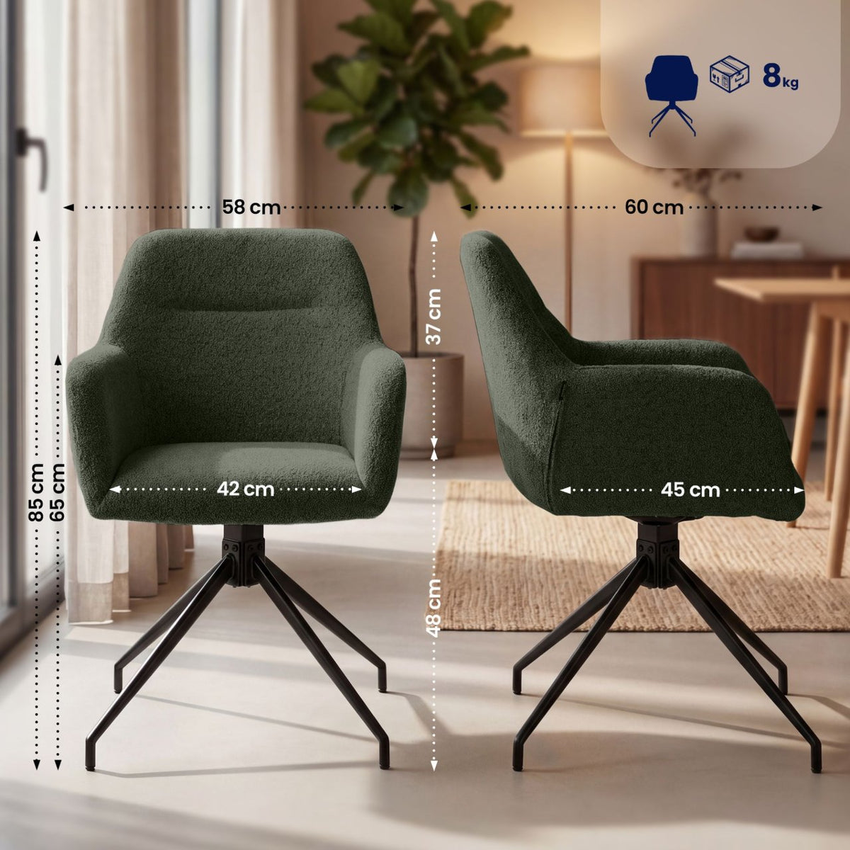 Set van 2 Eetkamerstoelen Merlinda met teddy stof donkergroen dunkelgrün