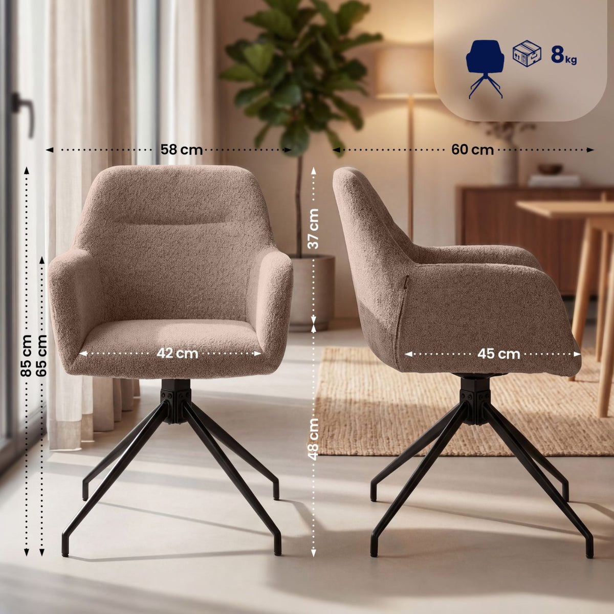 Set van 2 Eetkamerstoelen Merlinda met teddy stof bruin braun