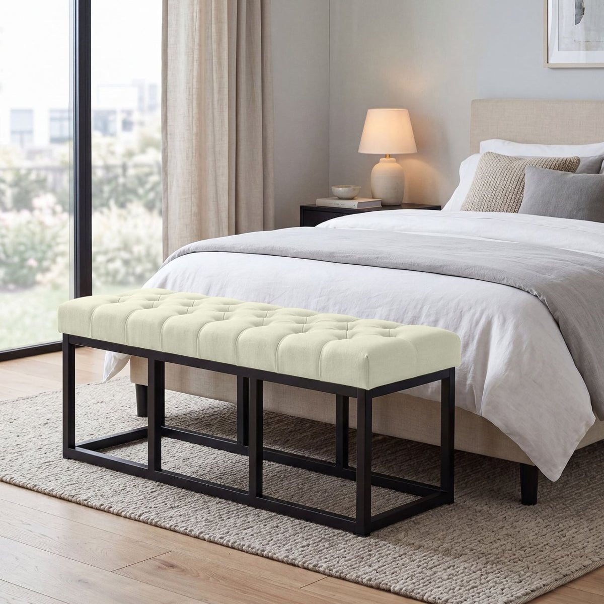 Zitbank Amun stof met zwart onderstel creme,120 cm creme