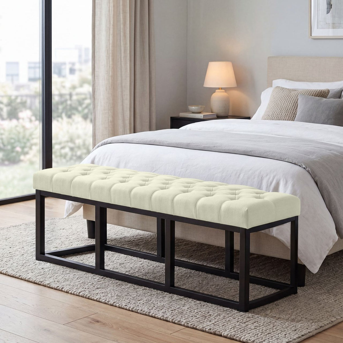 Zitbank Amun stof met zwart onderstel creme,150 cm creme
