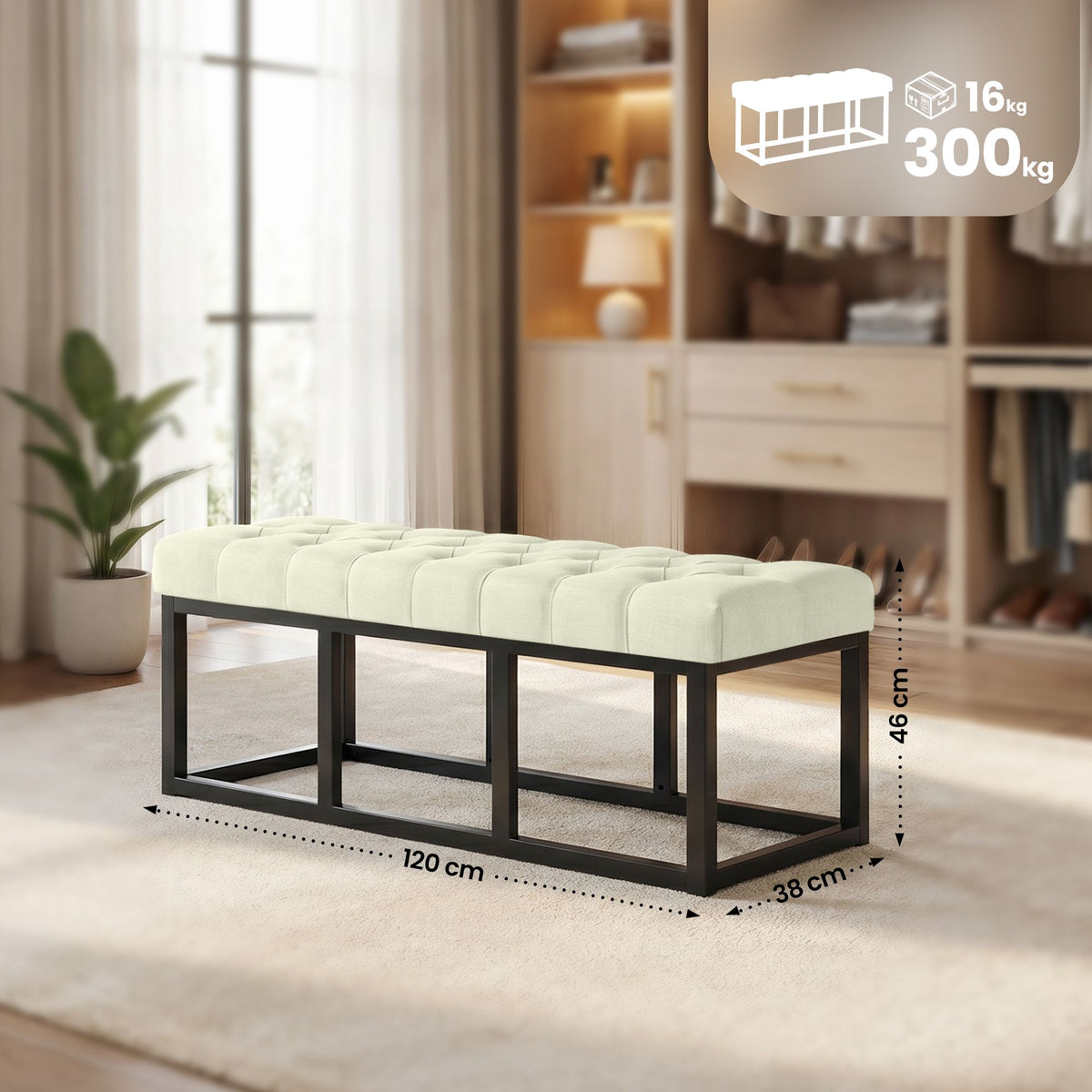 Zitbank Amun stof met zwart onderstel creme,120 cm creme
