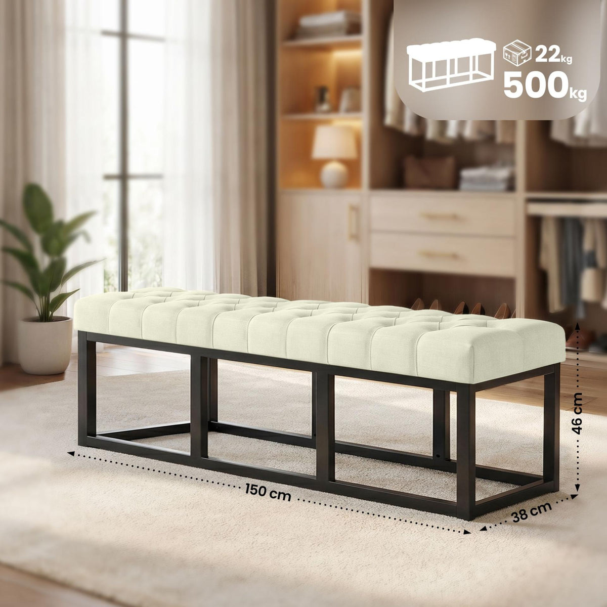 Zitbank Amun stof met zwart onderstel creme,150 cm creme