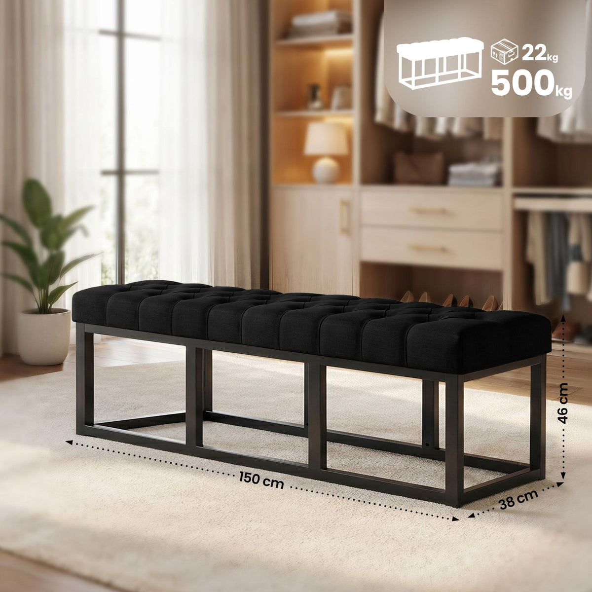 Zitbank Amun stof met zwart onderstel zwart,150 cm schwarz