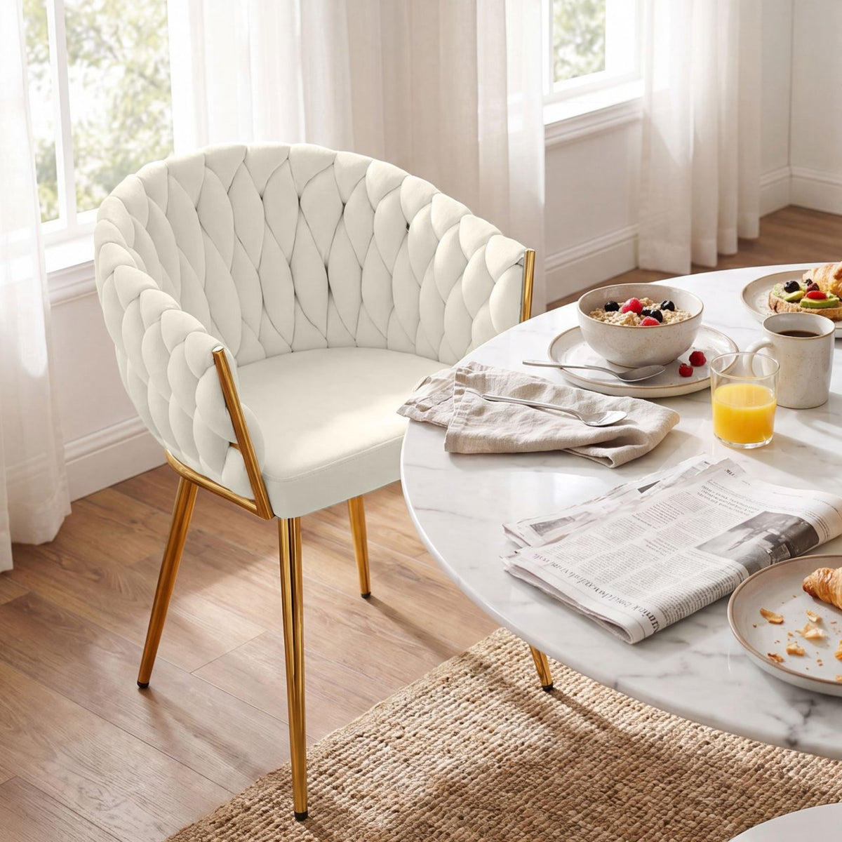 Eetkamerstoel Molise fluweel goud creme,Fluweel creme